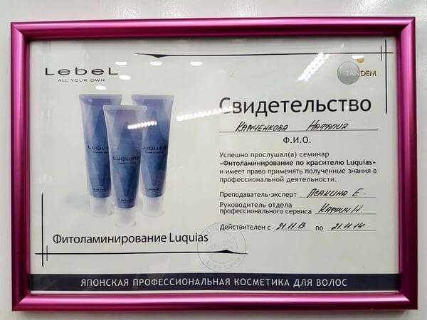 Сертификат парикмахера универсала Камченковой Наталии студии красоты SOLISUN в Москве, в Марьино, на Братиславской